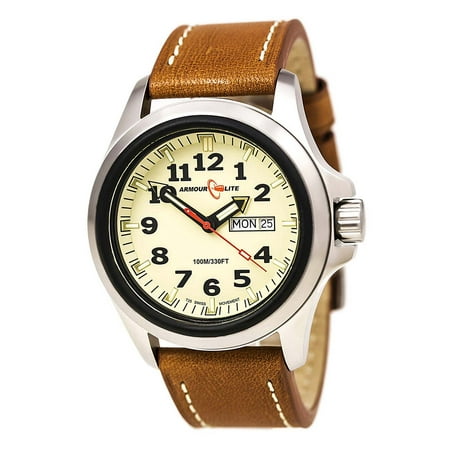 Armourlite Officer Series Tan Dial Watch with Brown Leather Strap, Tan/Brown/Sil