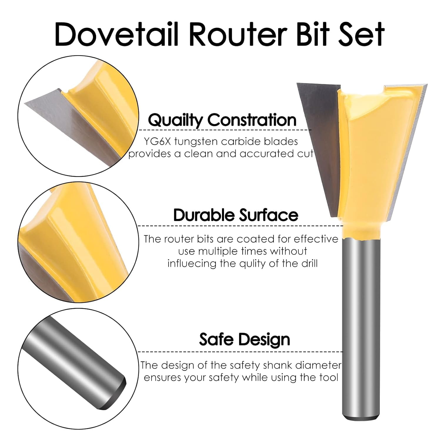 ABPETE Dovetail Router Bit Set 6 Sizes with 1/4 Inch Shank ,Cutting Dia in 1/4" 3/8" 1/2" 5/8" 3/4" 7/8" Wood Milling Cutter Tool for Making Boxes Drawers Chests,Great for Craftsman Woodworking
