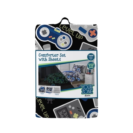 YOUR ZONE GLOW IN THE DARK 5-PIECE GAMER BEDDING SET FOR KIDS WITH FABRIC STORAGE BAG, TWIN