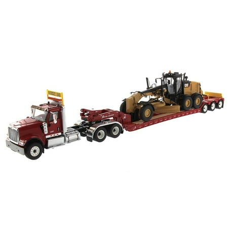 1/50 International HX520 Tandem Day Cab Tractor with XL 120 HDG Lowboy Trailer in Red and Cat 12M3 Motor Grader - Transport Series 85598