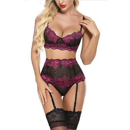 

Ykohkofe Sexy Garter Belts Bra And Panty Women Split Underwear Three Piece Lingerie Sets