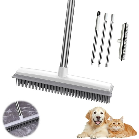Pet Hair Broom, Pet Hair Remover Broom, 2 in1 Rubber Broom Brush Pet Hair Remover, Adjustable Handle Rubber Broom for Pet Hair Hardwood Floor (1PCS)