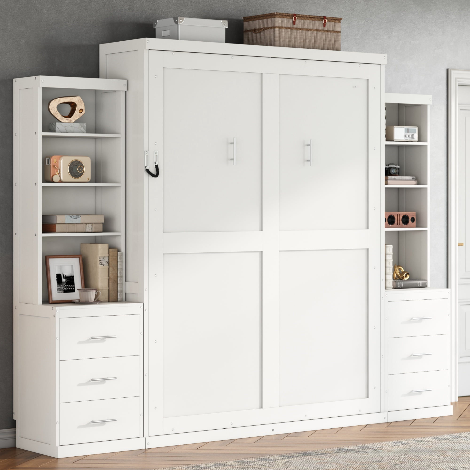 Full Size Murphy Bed with Dual 4 Storage Shelves and 3 Drawers Cabinet for Space-Saving Guest Room