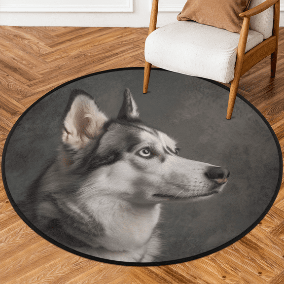 CURLYOOT Round Rug 3ft Cool Husky Dog Area Rug, Washable Circle Mat Non Slip Floor Carpet Mat, Soft Indoor Rugs for Entryway Living Room Dining Room Bedroom