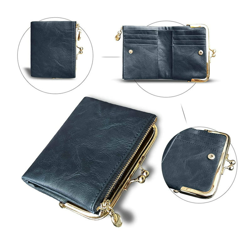 Retro Mini Clutch Wallet, Classic Kiss-Lock & Zipper Coin Purse, Card Case  With Removable Wristlet