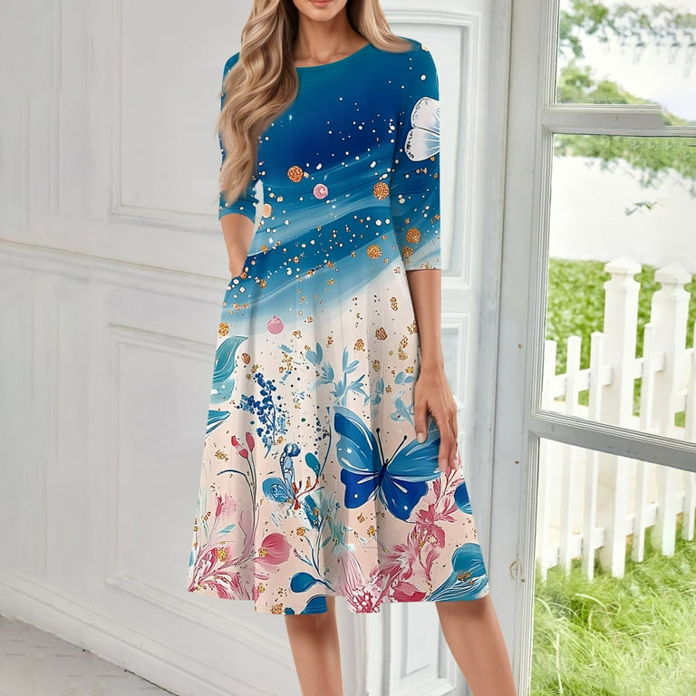 Spring Summer New Women's Fashion Printed Casual Comfortable Short Sleeved  Round Neck Mid Length Straight Dress Vintage Office Women Dresses Sky Blue  S
