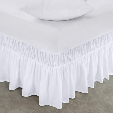 LQQBOX 60In-80In Wrap Around Bed Skirt Three Fabric Sides Elastic Dust Ruffled 15 Inch Tailored Drop,Easy to Install Fade Resistant-White