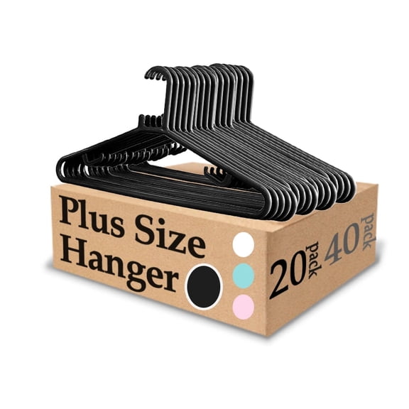 Urby Extra Wide Hangers for Plus Size Clothes, 19 Inch Plus Size Hangers, Durable Space-Saving Plastic Hanger for Oversized. Black 20PK