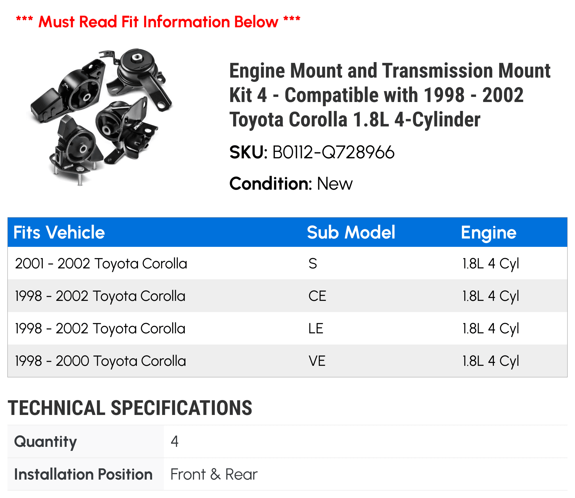 Engine Mount and Transmission Mount Kit 4 - Compatible with 1998 - 2002 Toyota Corolla 1.8L 4-Cylinder - Autopart Premium