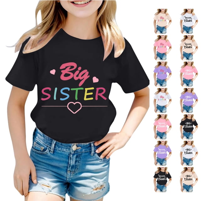 SUXIAN T-Shirts de Mode pour Filles à Lettres Col Rond Manches Courtes T-Shirt Haut 1 Imprimé de Lettres Col Ras du Cou Chemises Décontractées pour Filles Noir_001 8-9 Ans