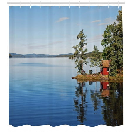 Landscape Shower Curtain, Lakeside Photo with Calm Still Water and Small Country House between Trees Peace, Fabric Bathroom Set with Hooks, Multicolor, by