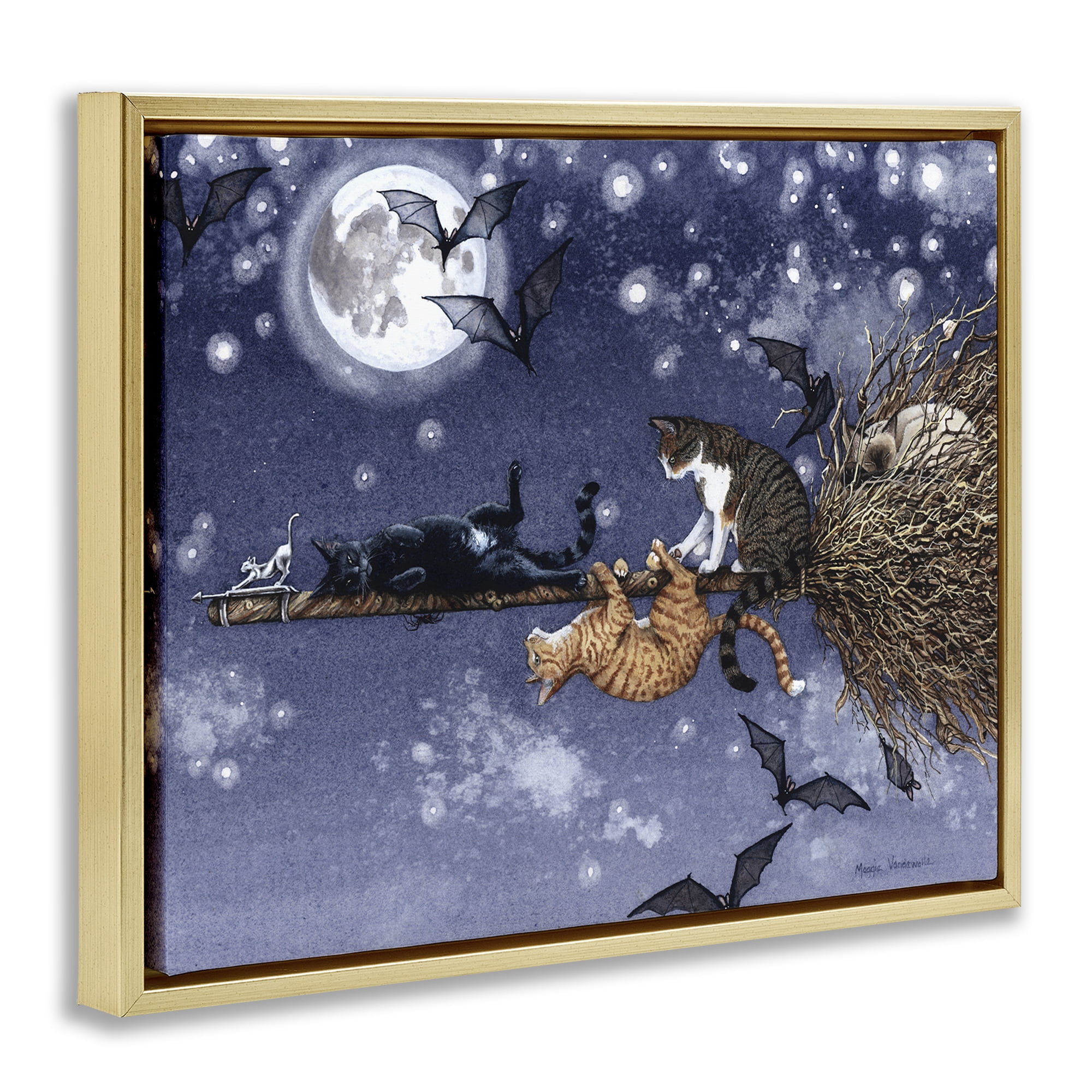 Stupell Industries Joyriding Cats on Broom Holiday Painting Gold Floater Framed Art Print Wall Art, 31 x 25