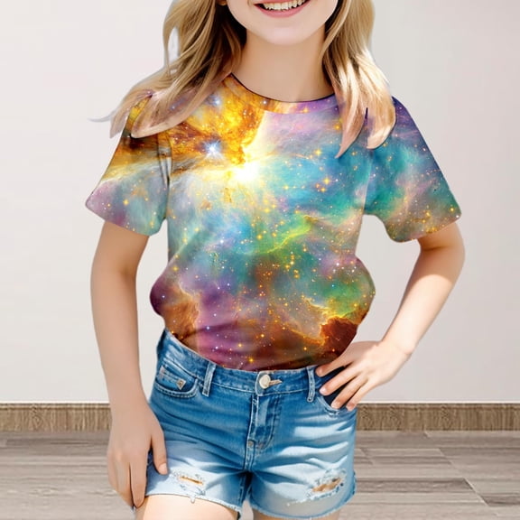 Galaxy Print Glitter T-Shirt For Teen Girls Fancy Short Sleeve Crewneck Top Carnival Party Wear Short Sleeve Shirt for Girls Tees Kids Tshirts Clothes Summer Tops T-Shirt