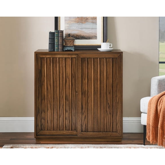 Mid Century Modern Sideboard Buffet Cabinet with 2 Fluted Sliding Door,Small Storage Cabinet with Outlet Holes for Living Room, Kitchen, Entryway, Hallway 32" Walnut