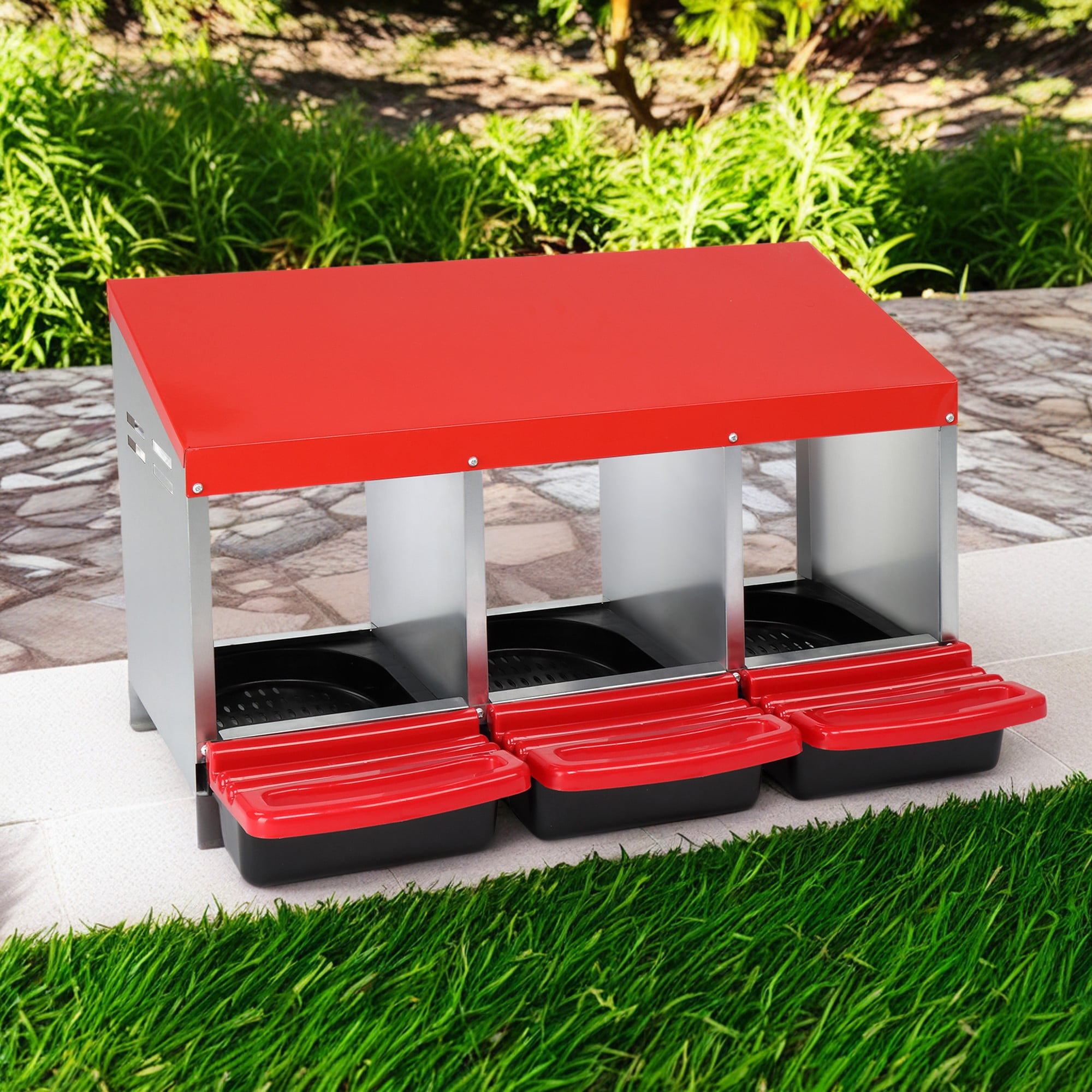 Pefilos Chicken Nesting Box, 3 Compartment Metal Chicken Laying Box with Plastic Basket, Poultry Nest Boxes, Rust Proofed Wall Mount Chicken Coop Boxes, Red