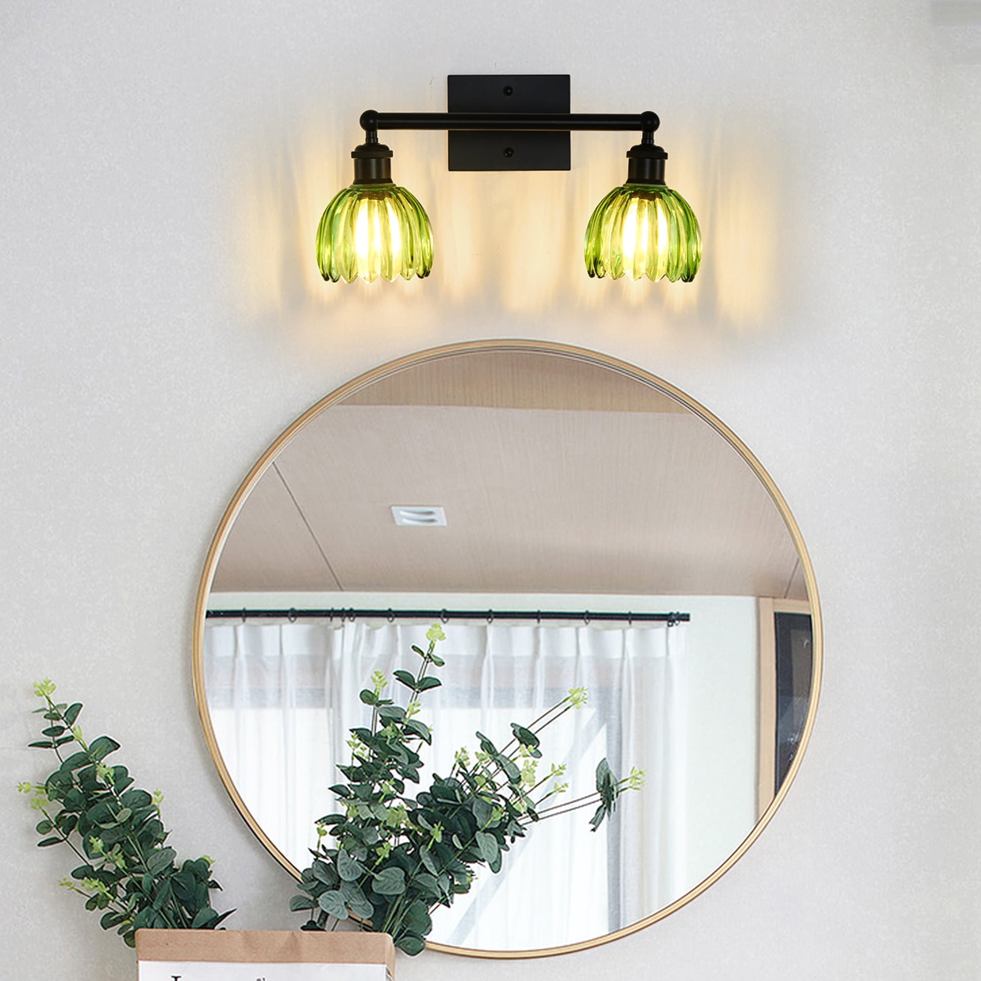HKMGT 2-Light Black Vanity Light with Green Ribbed Glass,, Reversible Mounting, E26 Base Wall Sconce for Bathroom & Hallway