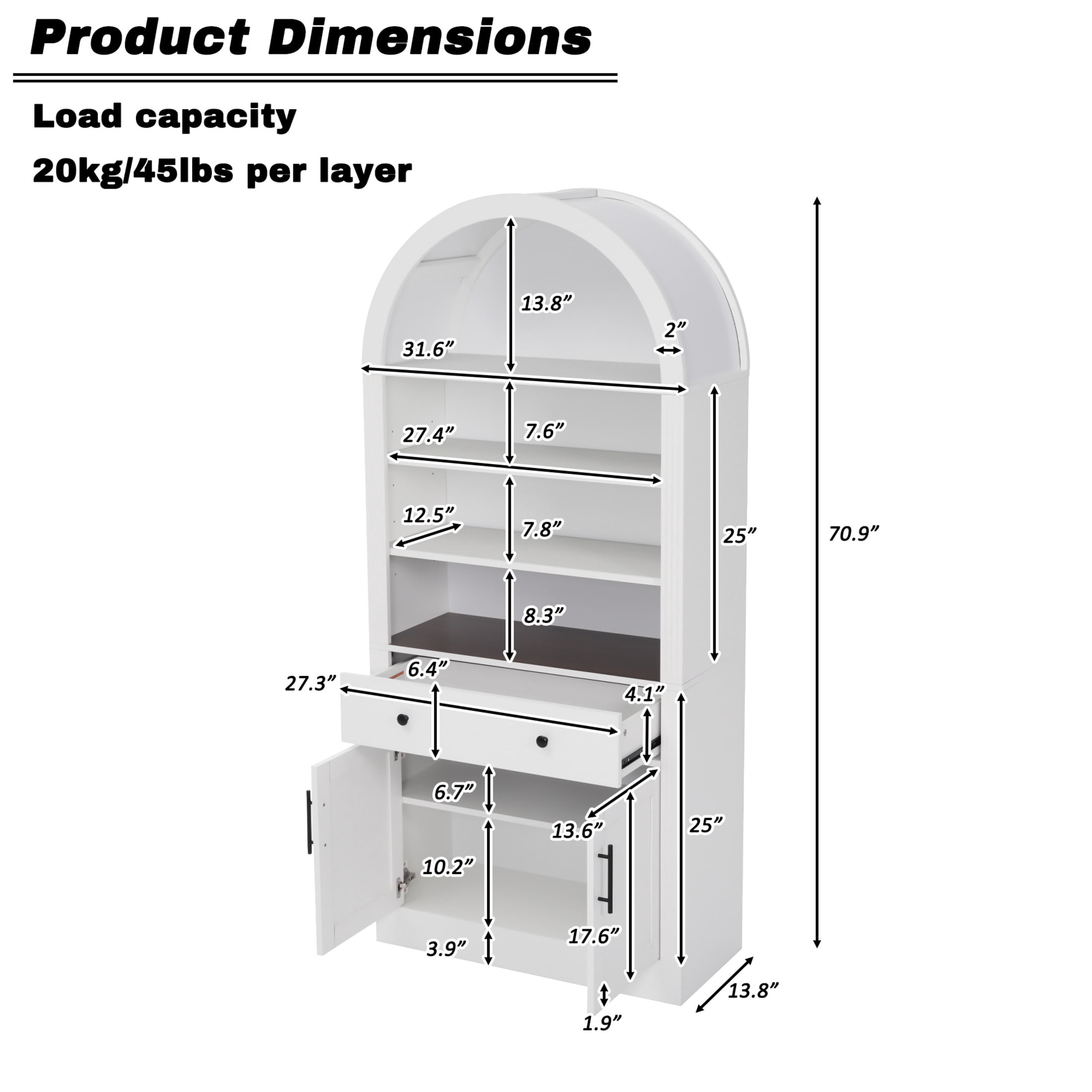 GDF Studio Corvel 70.9" Arched Bookshelf with Storage Cabinet & Adjustable Shelves, Kitchen Pantry Cabinet, White