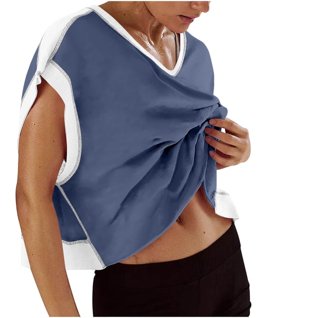 Tii.MM Women Short Sleeve Workout Shirts Open Back Tops Casual Color Block Yoga Athletic Gym Crop Running Tees