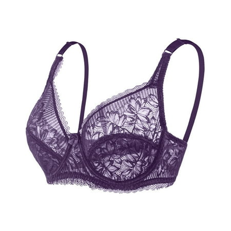 REORIAFEE Push up Bras Women Gathered Together No Wire Bras Solid Adjustable Straps Brassiere Comfy Spaghetti Straps Breathable Corset Underwear Comfortable Classic Support Lingerie Purple 42