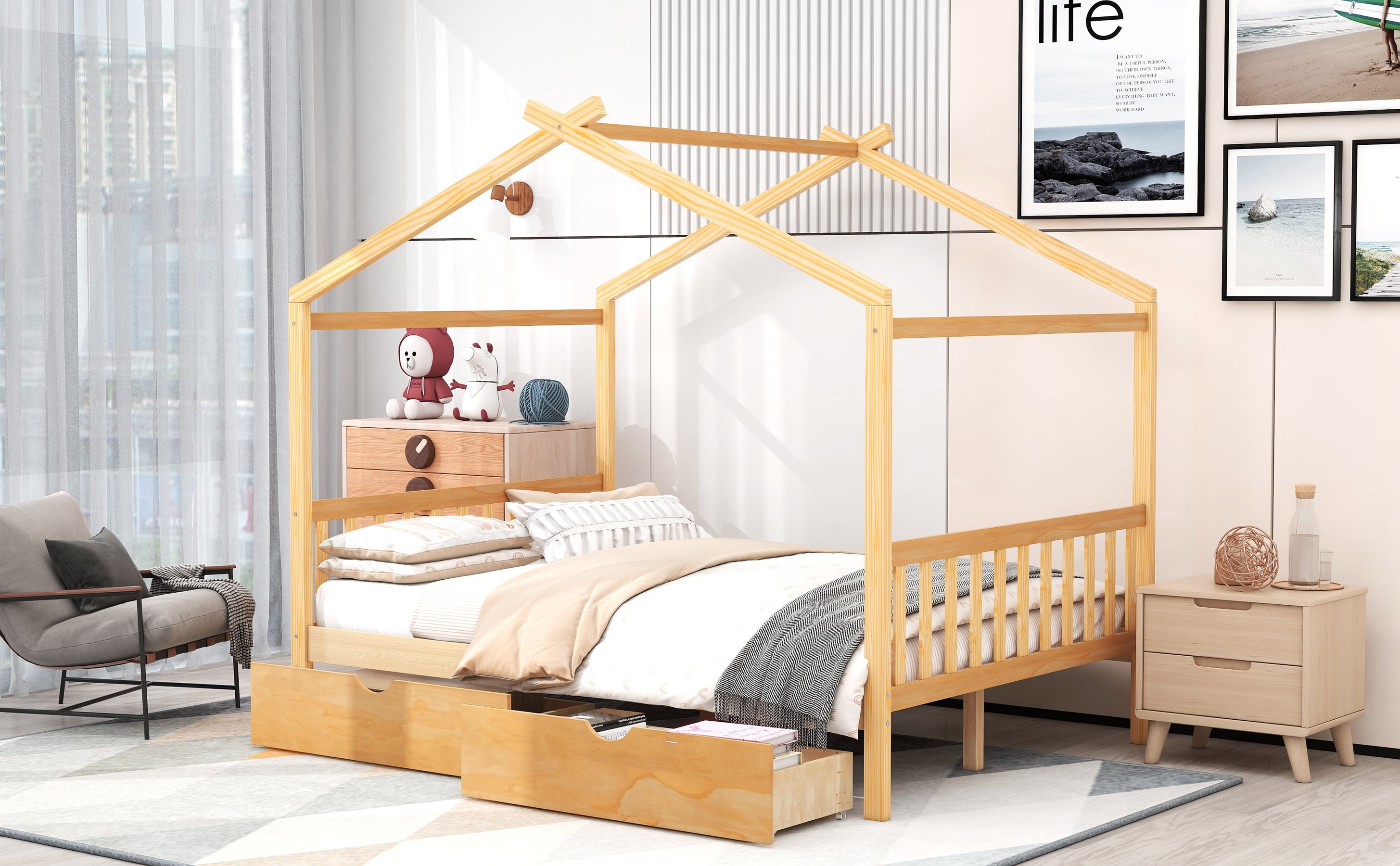 Aukfa Full House Bed with Storage Drawers, Wood Montessori Bed - Oak