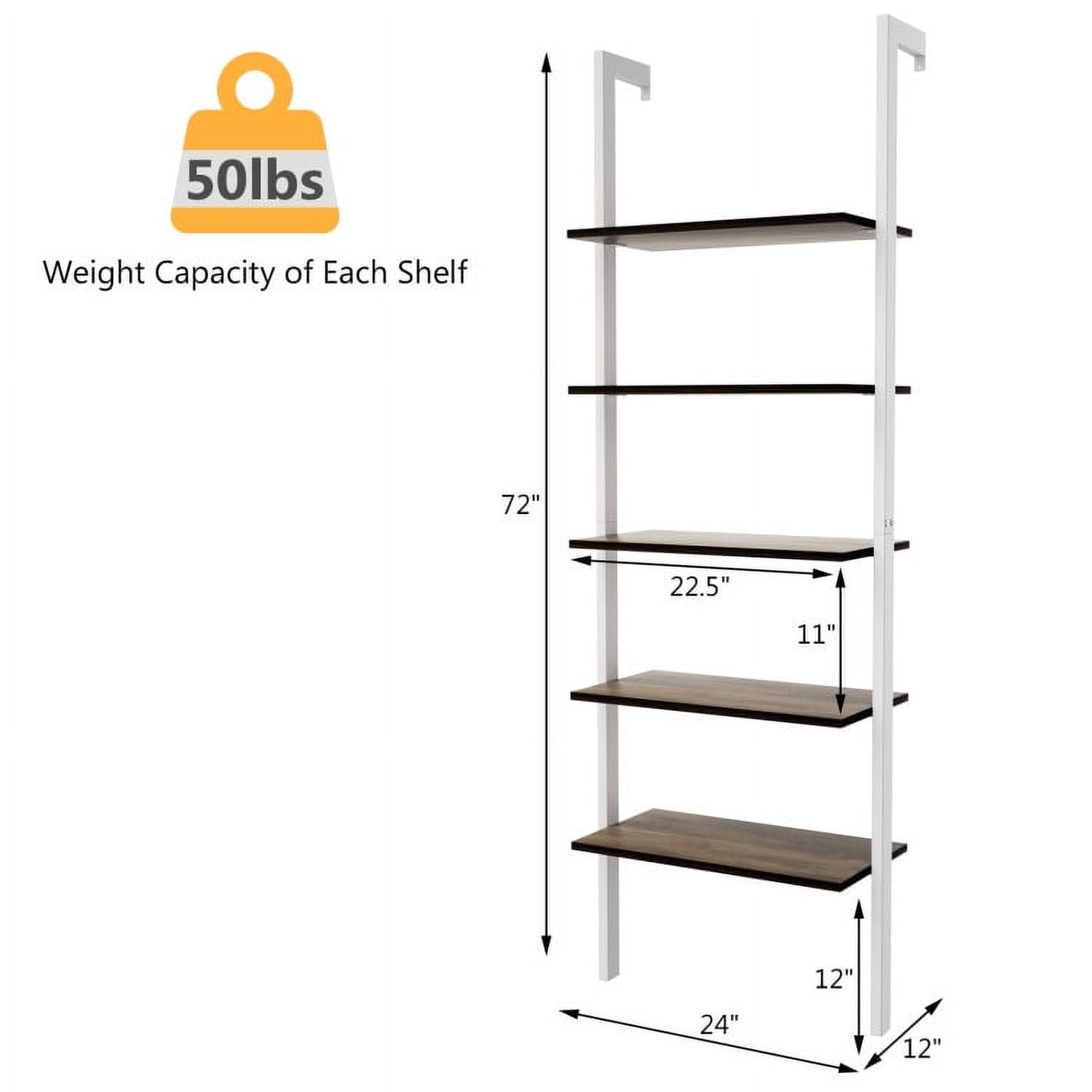 Demi Bonn 5-Tier Wood Look Ladder Shelf with Metal Frame for Home, Multipurpose Open Bookshelf, White