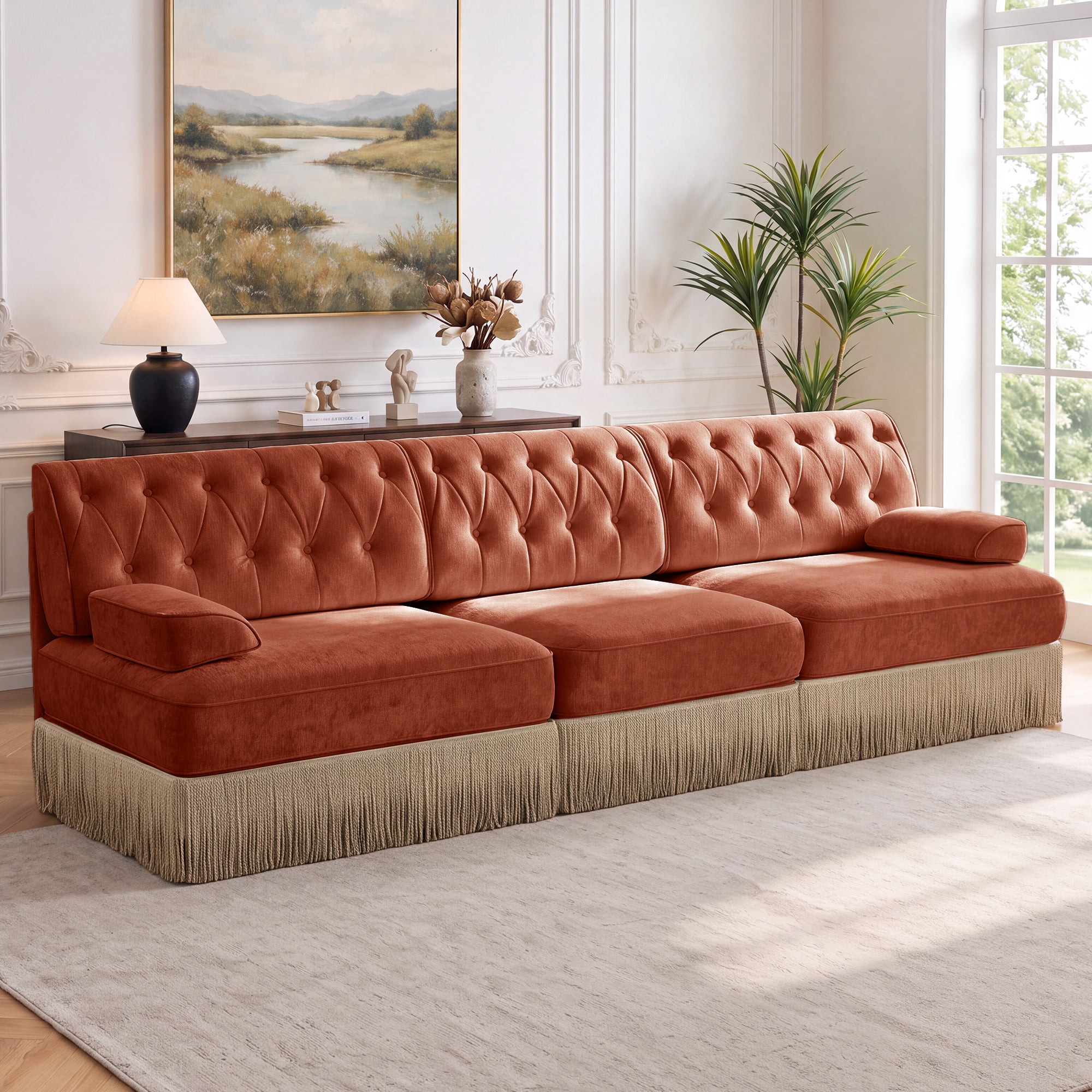 106" Velvet Fabric 3-Seater Sofa with Tassel Fringe Skirt and Button Tufted Design, Easy to Assemble