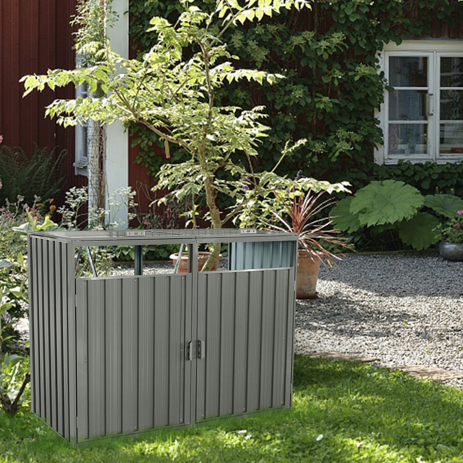 Trash Bin Storage Shed, Metal Outdoor Bin House for Double Garbage Can Storage Garden Yard Lawn, Grey