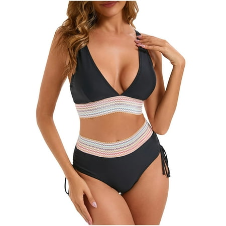 Bigersell Women s High Waisted Bikini Sets  Retro Cheeky Two Piece Swimsuits  Tie Side High Cut Bathing Suits 2 Piece Swimwear for Beach & Pool Black XXL