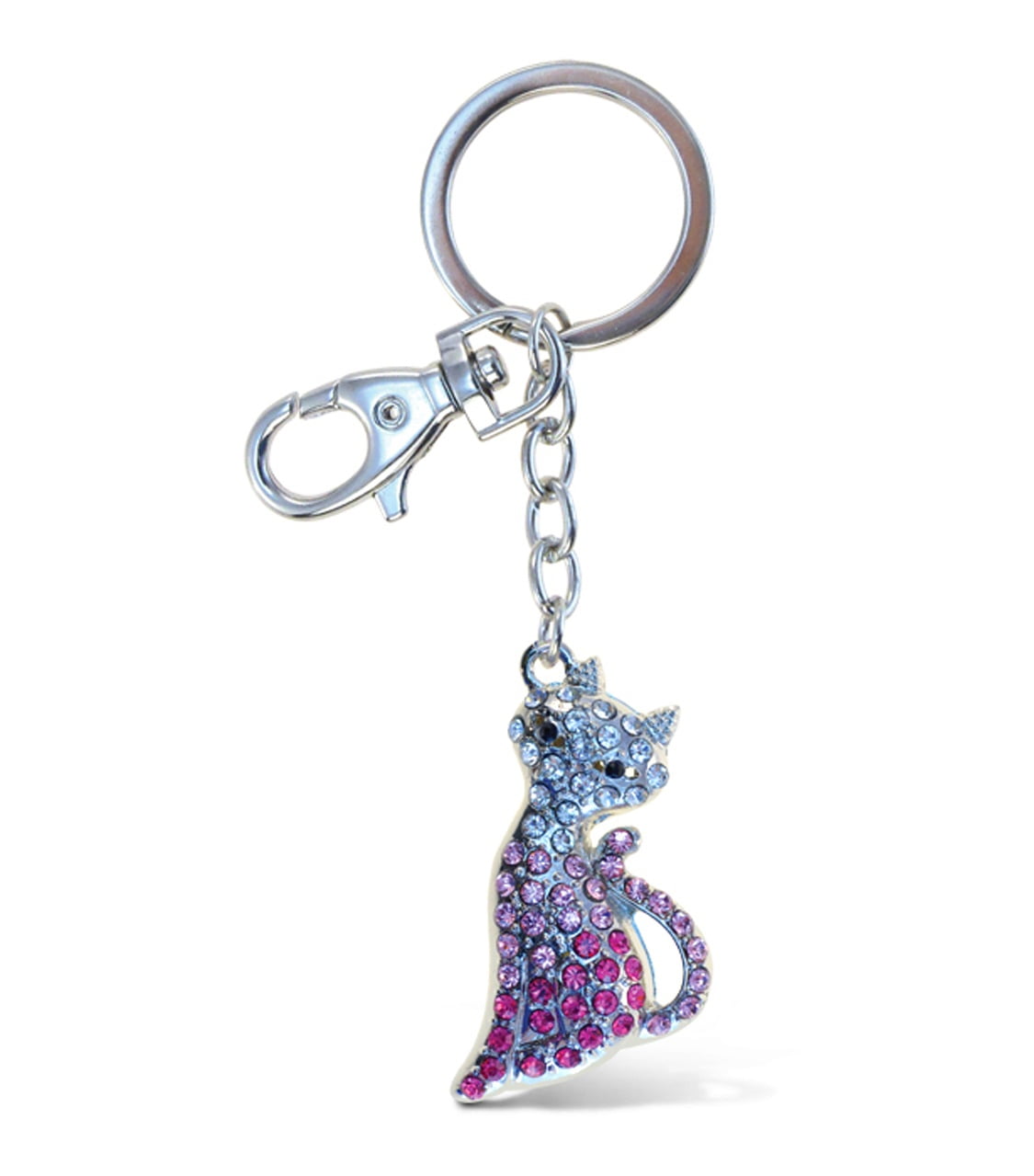 Cute Kitty Cat Keychain Purse Charm Silver Tone With Blue & Pink Rhinestone 