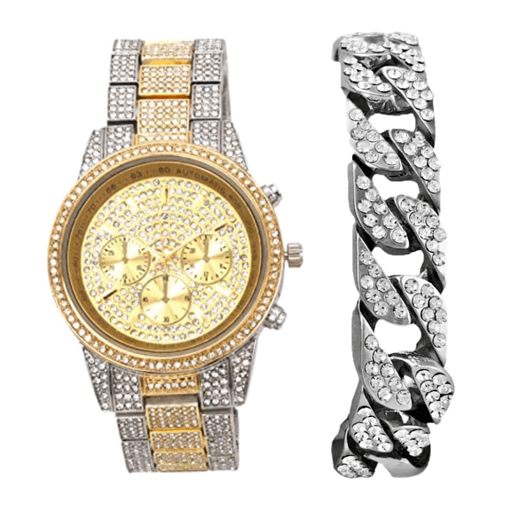 Charles Raymond Bling'ed Out Sophisticated Diamond Ritzy Iced Sporty Faux Chrono Decor Luxury Timepiece - ST10514 Cuban (Two Tone)