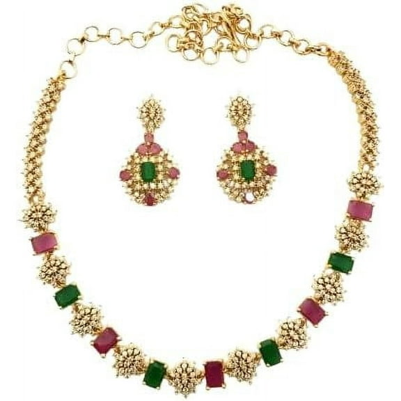 Karni Jewellery Gold Plated Necklace and Earrings Set with Created Emerald Green and Created Ruby Red Stones
