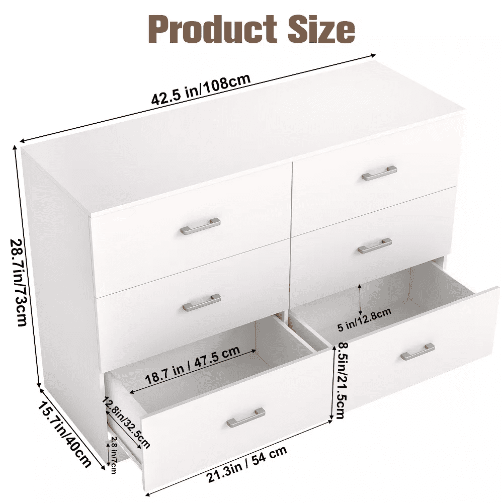 SUGIFT 6 Drawer Dresser, Large Wooden Horizontal Storage Organizer for Bedroom, Living Room or Closet