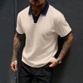 thumbnail image 2 of OIOLOYJM Men's Casual Short Sleeve Cable Knit Texture Polo Shirts Cotton Stretch V Neck Johnny Collared Tee Summer Vacation Travel Beach Lounge Golf Shirts Beige L, 2 of 5