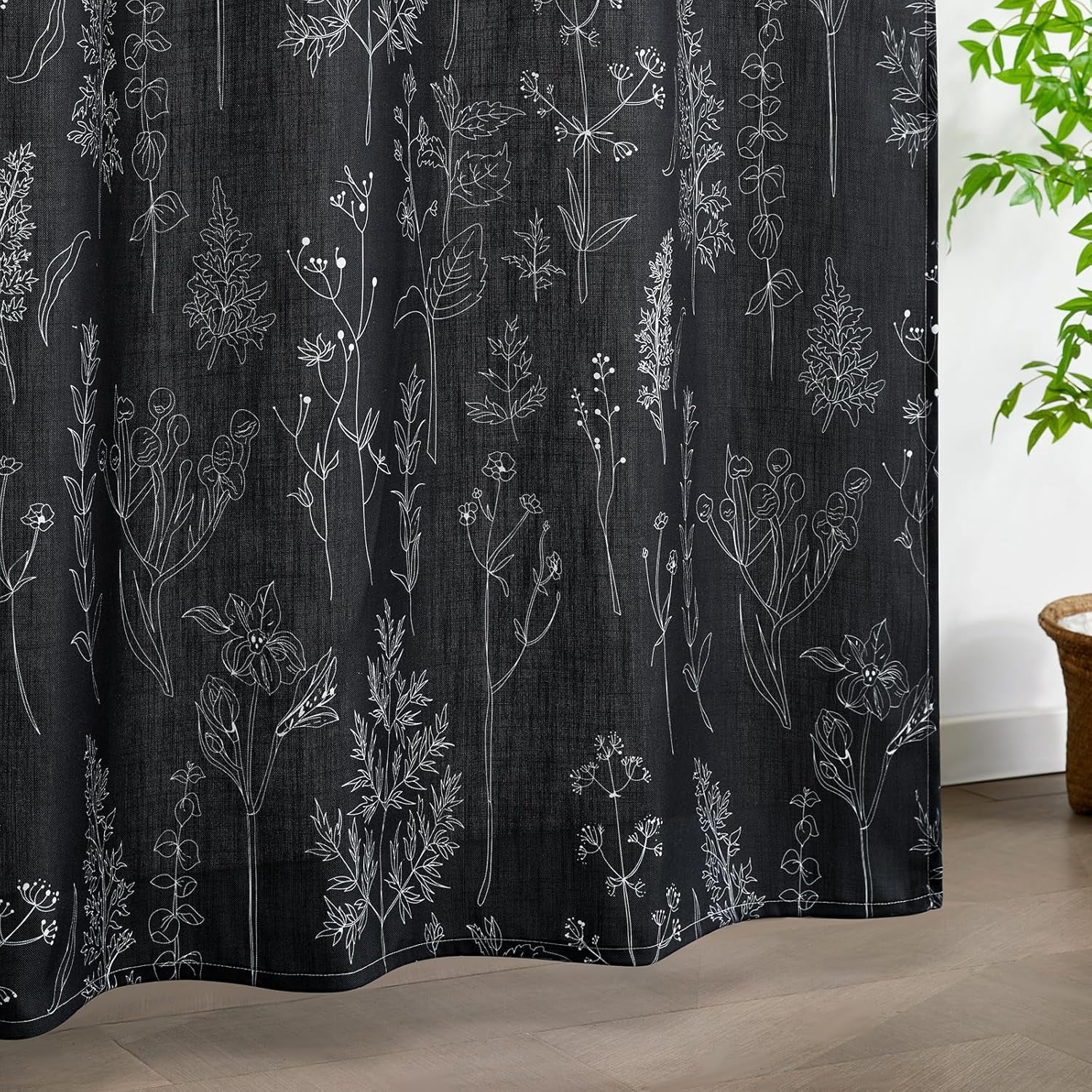 Vintage Botanical Linen Shower Curtain for Bathroom in Black and White, Heavy Duty 180GSM Textured Fabric Shower Curtain Set Cute Plant Leaves Design, Modern Farmhosue Boho Floral Bathroom Decor