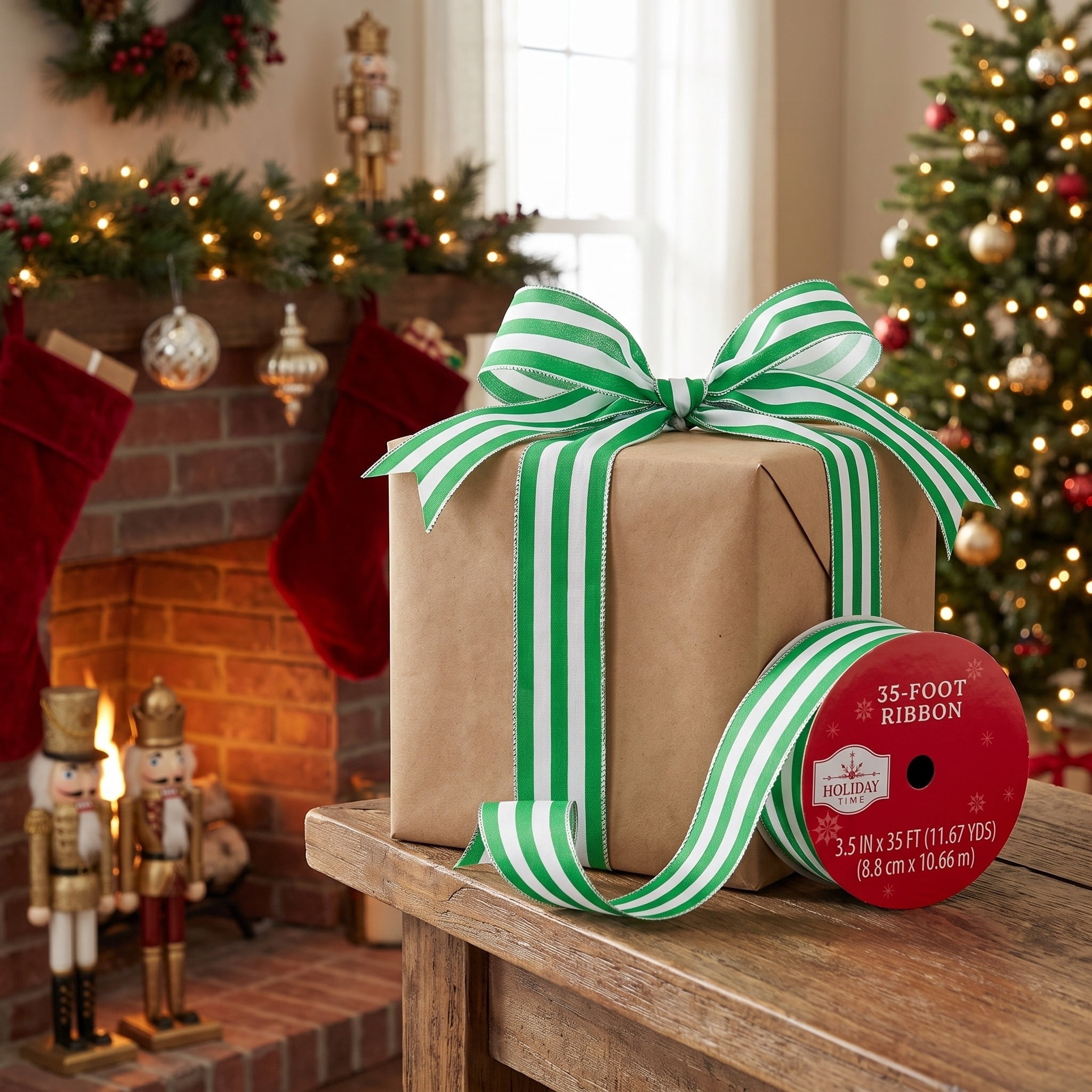 Green and White Striped Christmas Ribbon, 3.5" x 35', by Holiday Time