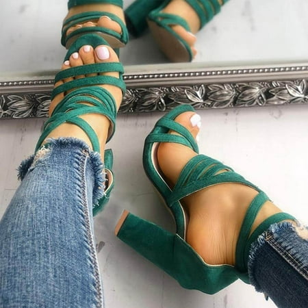 

Dpityserensio Sandals Women s High Heels Trendy Summer Fish Mouth Peep Toe Ankle Strappy Chunky Block Sandals Shoes Summer Women Sandals Clearance Green 6.5(38)