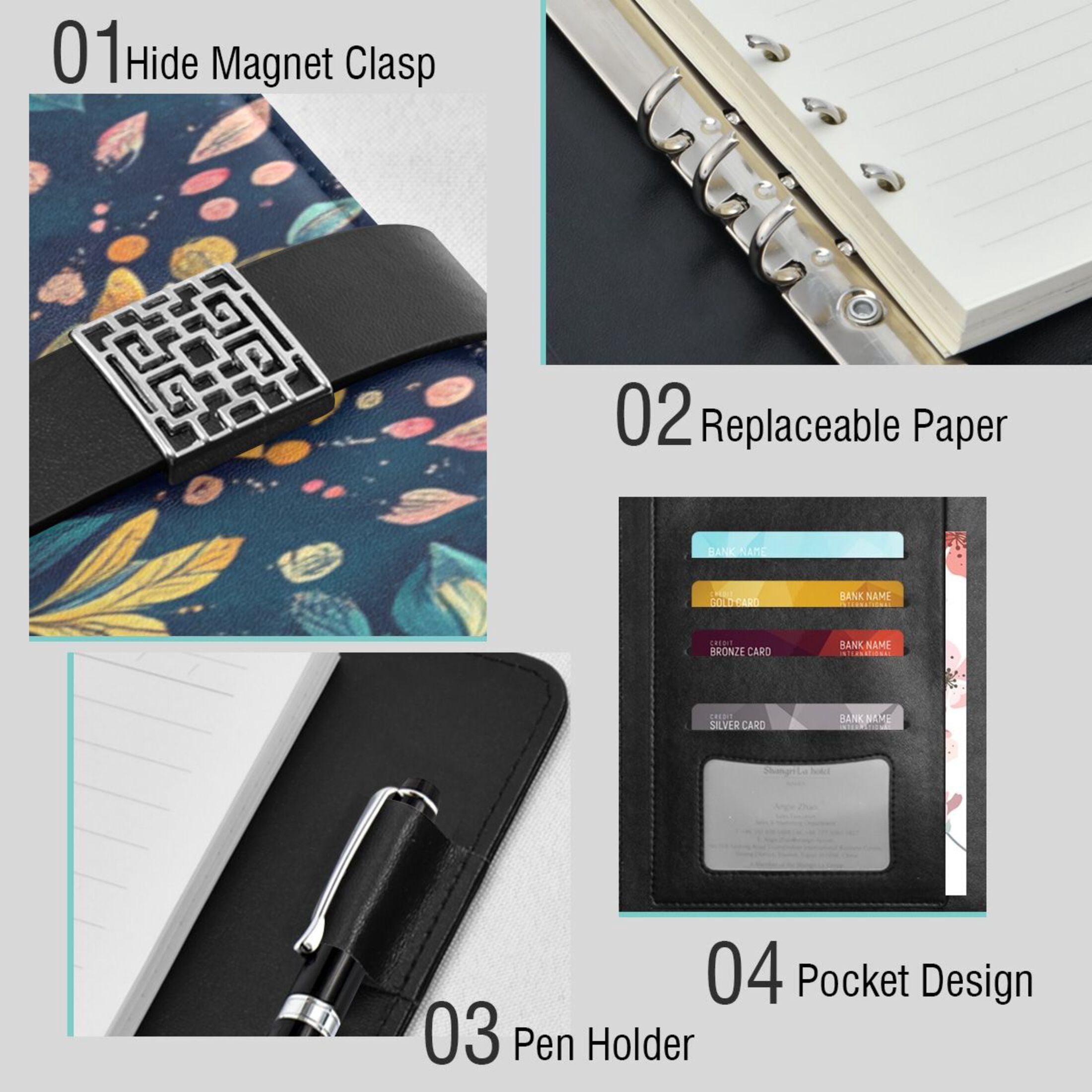 9.2x6.7 inch Leather Notebook 100 Sheets, Multi-Pocket Design & Pen Loop Vintage Mandala Pattern Refillable Journal Organizer