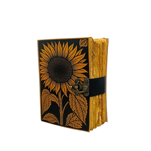 Sunflower Handmade Leather Journal – 5x7 inch – 200 Deckle Pages – Vintage Floral Notebook