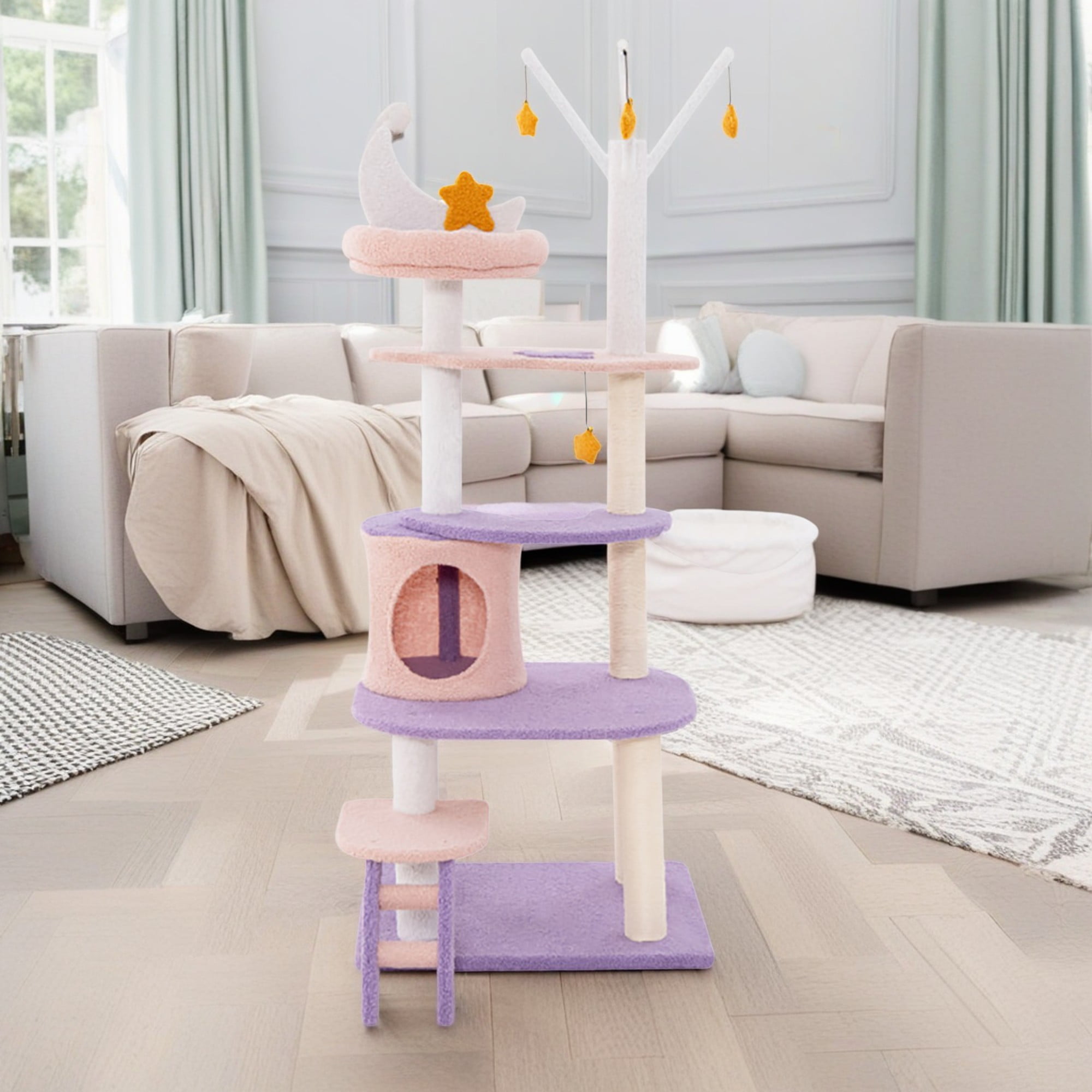 resenkos 62" Cat Tree Tower with Scratching Posts, Cat Condo with Padded Plush Perch, Multi-Platform for Jump Cat Tree House, Purple