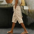 thumbnail image 2 of Womens Knee Length Shorts Summer Linen Cropped Trousers Casual Baggy Drawstring Long Shorts with Pockets Plain Elasticated Waist Half Length Capri Pants, 2 of 6