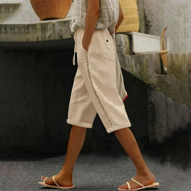 Babysbule 2024 Womens Drawstring High Waist Half Shorts Summer Elastic Stretchy Breathable Cotton Linen Pants With Pocket
