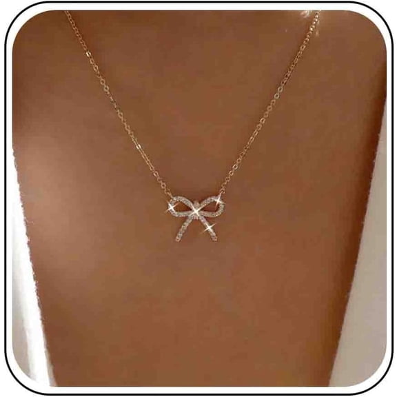 Boho Rhinestone Bow Necklace Crystal Bow Choker Necklace Gold Bowknot Pendant Necklace Tiny CZ Bow Tie Necklace Sparkly Crystal Bow Chain Necklace Jewelry for Women