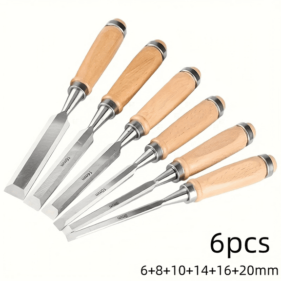 6 Pieces Wood Chisel Set, Premium CR-V Bevel Edge Carpenter Chisels with Solid Wooden Handles, Sizes 6/8/10/14/16/20mm, Sharp Wood Carving Chisel Tools for Woodworking