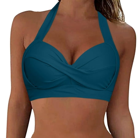 Gubotare Women Bikini Top Push Up Swim Top Halter Retro Bathing Suit Top Padded Swimsuit Top Only (Navy XL)