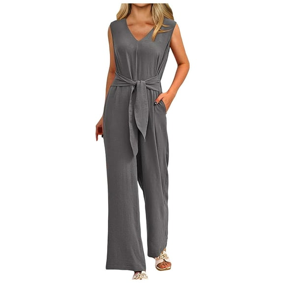 Riforla Womens Jumpsuits Casual Summer Outfits Sleeveless Wide Leg Long Pants Rompers Casual Jumpsuits for Women Summer Grey L