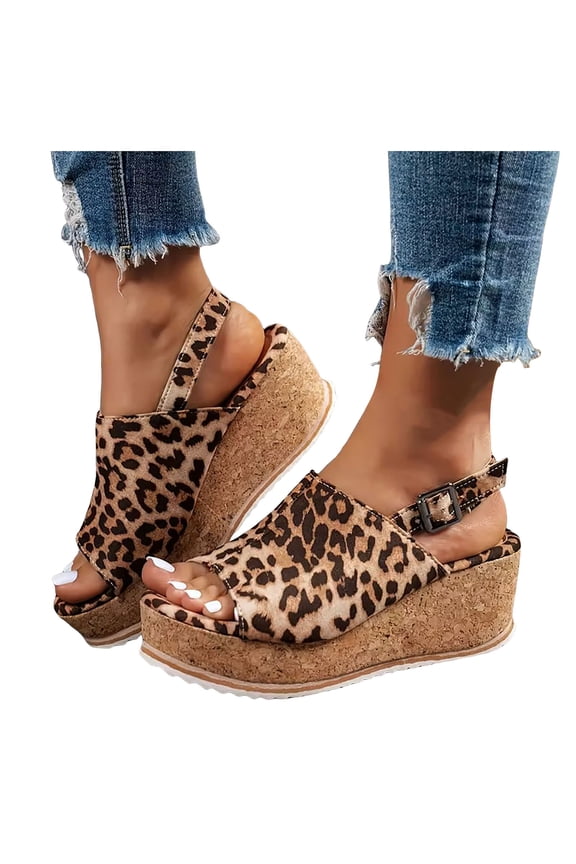 Platform Sandals for Women Suede Leopard Print Slingback Wedges Heels Comfortable Cork Footbed Arch Support Summer Dress Shoes Brown Size 8.5