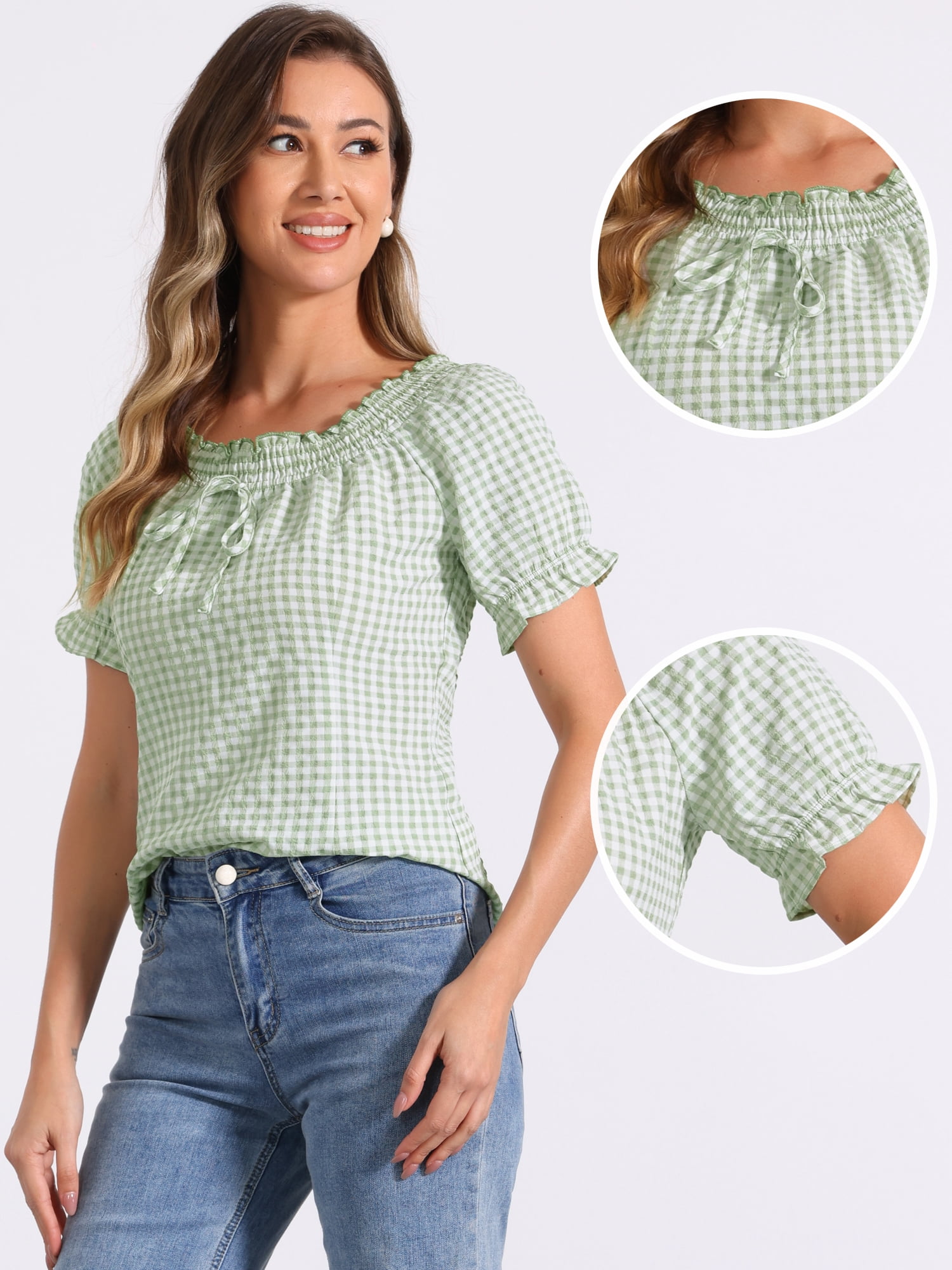 DARING DIVA Woman's Peasant Ruffles Puff Sleeve Gingham Plaid Top M Green