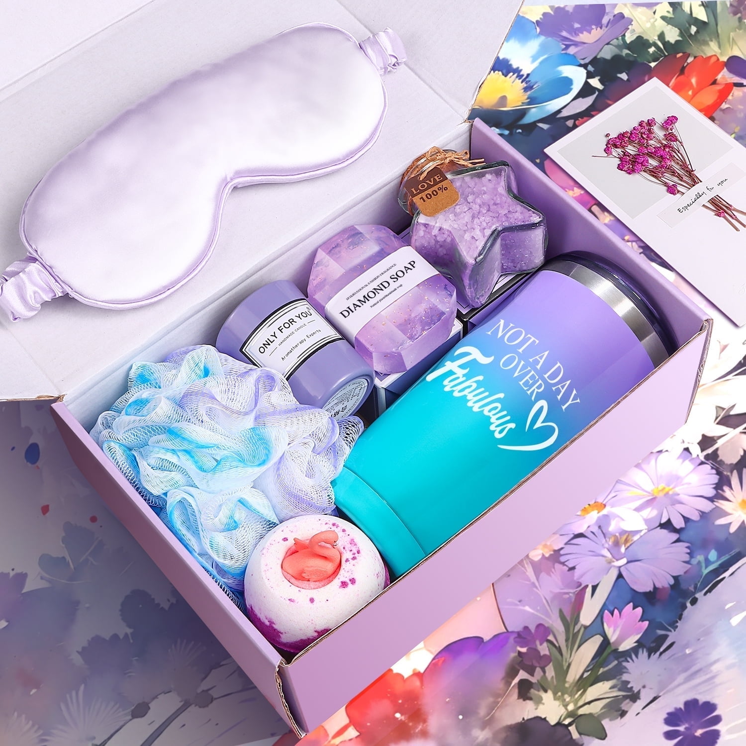 Aofmee Gift Set for Women, 8 Pcs Lavender Spa Body Care Set, Beauty Relaxing Graduation & Birthday Gifts Baskets for Her, Purple