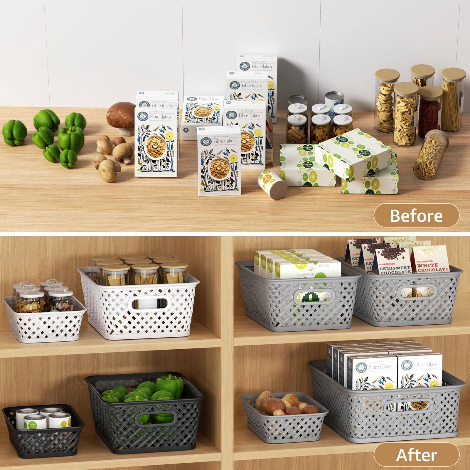Plastic Woven Storage Baskets With Handles, 3 Pack, Medium, Black, For Home Office Organization