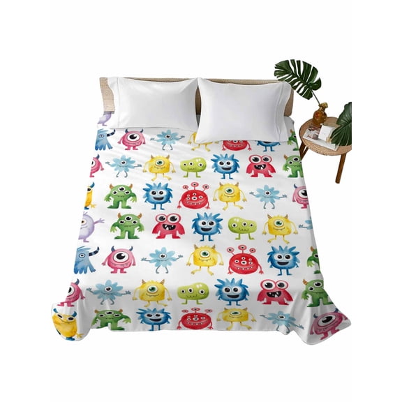 Queen Flat Sheet 90"x102", Colorful Monsters Soft Lightweight Bedding Flat Sheets Only, Abstract Cartoon Cute Artistic Funny Brushed Microfiber Top Bed Sheet, Breathable StainResistant Bedsheets